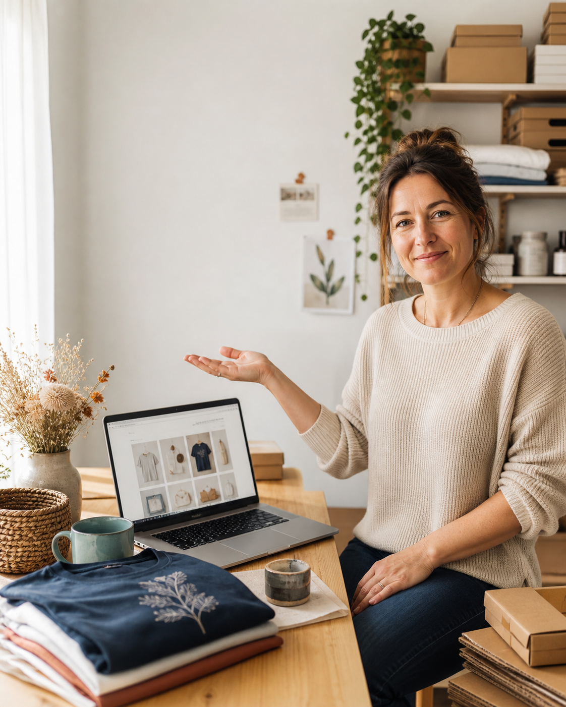 Etsy-Händlerin mit Laptop und verpacktem Produkt